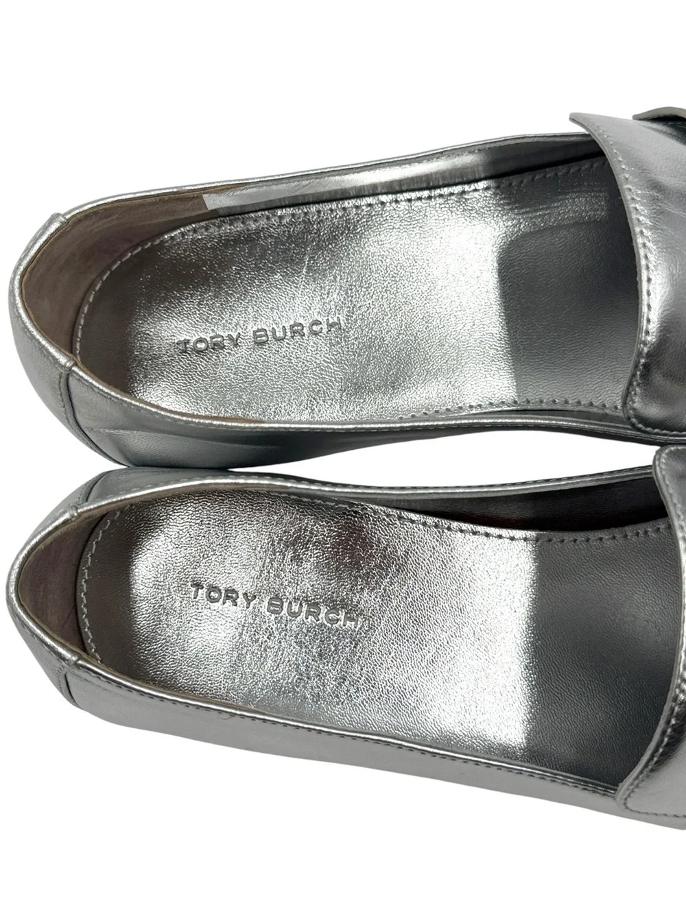Tory Burch Silver Metallic Mini Everly Leather Loafer Flats Size 10.5